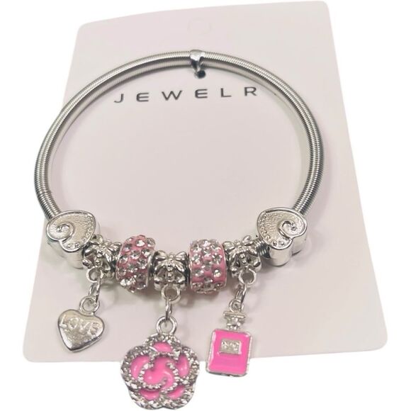 Designer Silver and Pink Camelia Flower Charm Bracelet - Picture 1 of 2